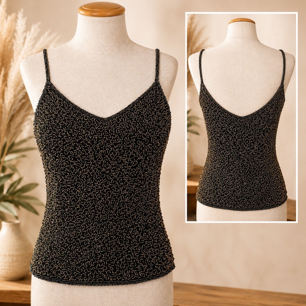 Chaudry KC Black Silk Gold Beaded Camisole Tank Top Deadstock NWT Y2K‎ Small